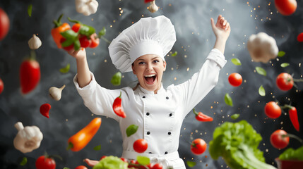Wall Mural - an enthusiastic chef joyfully raises her arms amidst a flurry of vibrant vegetables, creating an ene