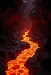 A fiery, glowing river of lava flows through a dark cave, illuminated by the intense heat