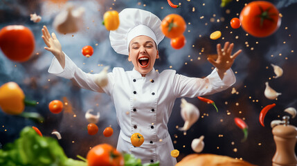 Wall Mural - a joyful chef wearing a white uniform and hat throws various fresh vegetables in the air, celebratin