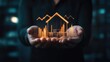 © 69 - Virtual house with financial graphs floating in businessman hands, symbolizing real estate market and investment growth on a dark backdrop