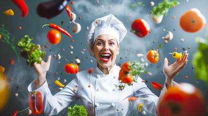 Wall Mural - a joyful chef in a white uniform joyfully raises her arms as colorful vegetables and spices soar thr