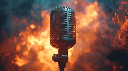 Vintage microphone in front of a smoky, fiery background.