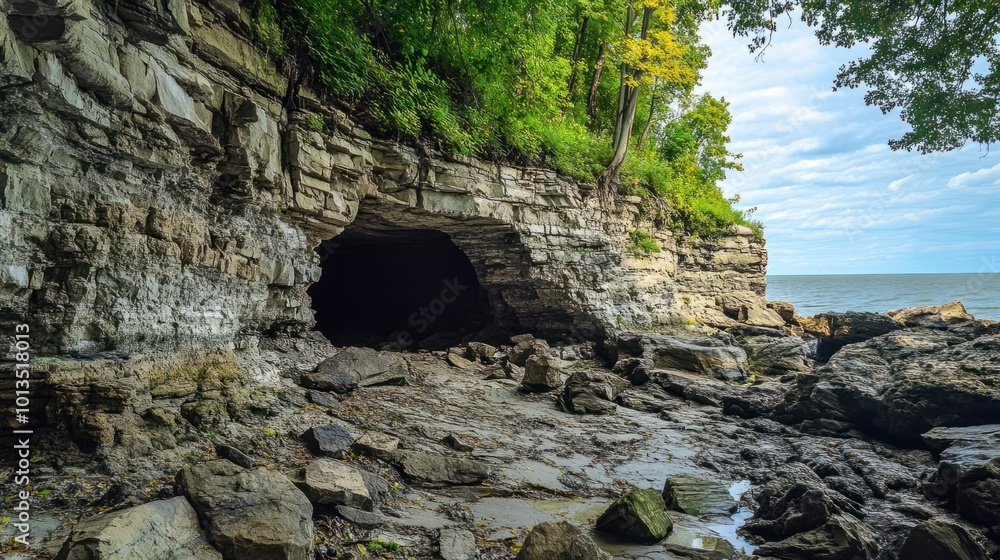 Erosion shaping a cave entrance in a cliffside, with jagged rocks and ...