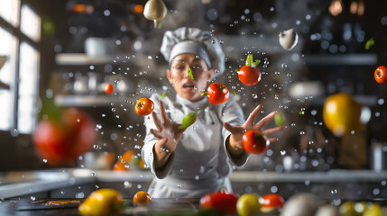 Wall Mural - in a bustling kitchen, a chef enthusiastically throws vibrant vegetables into the air, showcasing he
