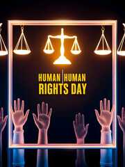 Wall Mural - Border Frame Design with Glowing Scales of Justice and Raised Hands Symbolizing Fairness and Activism for Human Rights Day - Copy Space for Messages of Equality