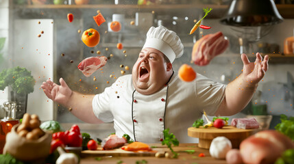 Wall Mural - amidst a lively kitchen environment, a chef enthusiastically tosses various food items into the air 