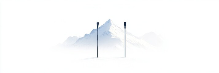 Poster - Two ski poles stand firmly in the snow, set against majestic mountains, creating a serene winter atmosphere in daylight. Generative AI