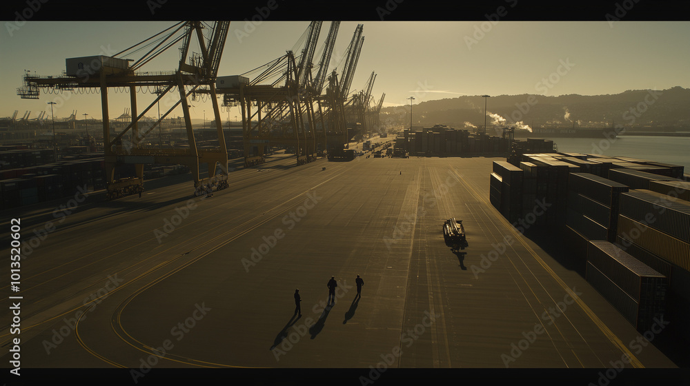 Large cargo ship docked at a port with cranes and containers ...