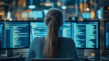 Female Developer Thinking and Typing on Computer, Surrounded by Big Screens Showing Coding Language. Professional Programmer Creating Software, Running Coding Tests. Futuristic Concept of