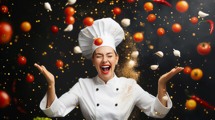 Wall Mural - a chef enthusiastically expresses joy while tossing vibrant ingredients in the air. fresh tomatoes, 