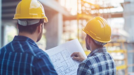 Two Construction Workers Examining Blueprint at Building Site