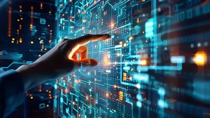 Person is touching a digital screen with their finger, interacting with a complex network of data and code, highlighting the concept of innovative engineering