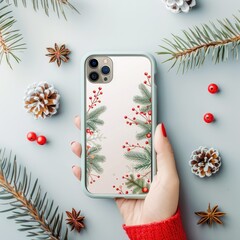 A festive phone case surrounded by pine branches and holiday decor, perfect for winter celebrations.