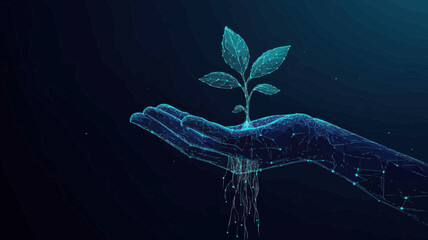 Abstract Digital Hands Protecting Sprout with Low Poly Wireframe 3D Effect, Conservationist Plant Protection, Minimalist Vector Illustration for Sustainability Concepts
