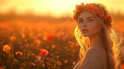 woman with floral crown, bathed in warm golden light, stands amidst field of blooming flowers, her e
