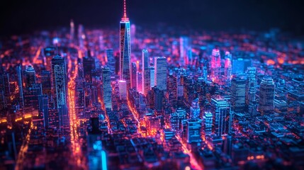 Wireframe digital interface with arrows in night New York city, Generative AI