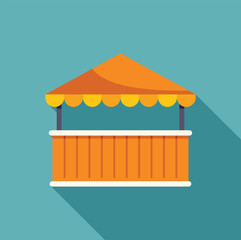 Poster - Street food stall with orange awning for selling products at the market, flat vector illustration with long shadow