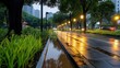© Phuwameth - Urban Park Serenity at Nightfall – Wet Pavement Reflections Amidst Illuminated Pathways and Peaceful Tree Canopies Under Dark Skies.