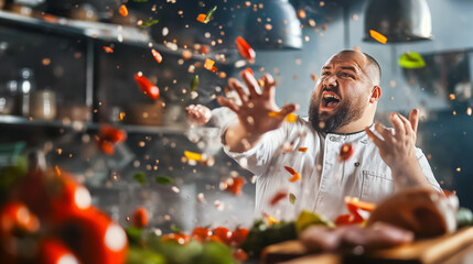 Wall Mural - a chef in a bustling kitchen joyfully throws fresh vegetables into the air, surrounded by colorful i