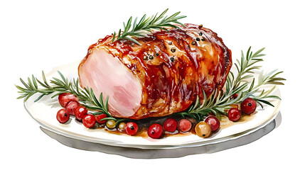 A glazed holiday ham with sprigs of rosemary, isolated, watercolor. isolated on white background ready to bring joy to any space , cartoon drawing, water color style