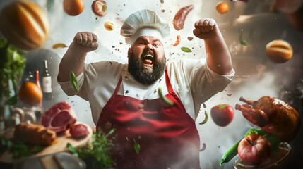Wall Mural - a chef dressed in a white uniform and hat exclaims with excitement, surrounded by floating ingredien