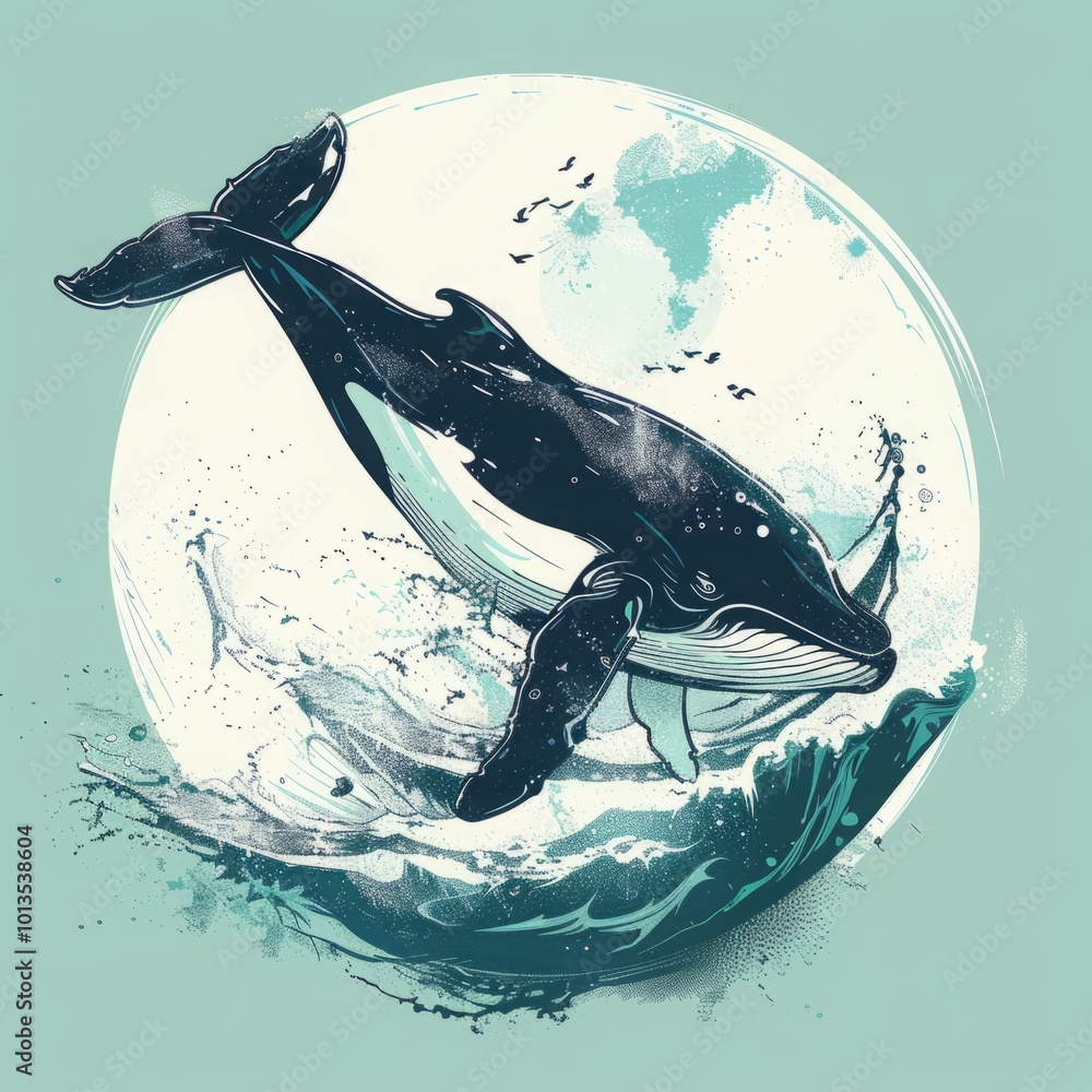 Humpback whale illustration breaching water with splash effect and ...