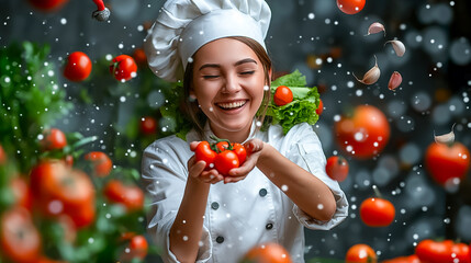Wall Mural - the young chef, smiling brightly, holds a handful of ripe tomatoes while surrounded by falling veget