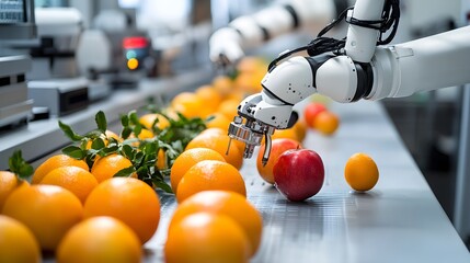 Close-up of robotic arms performing detailed sensory evaluations on fresh fruit, analyzing texture, aroma, and color for safety in a futuristic clean lab