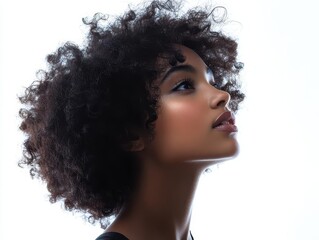 Wall Mural - silhouette of an african american woman with curly hair standing in profile against a white background exuding confidence and individuality through her casual attire and posture