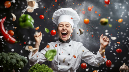 Wall Mural - a cheerful chef, dressed in a classic uniform and hat, joyfully tosses an assortment of vegetables a