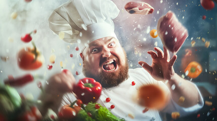 Wall Mural - a chef enthusiastically prepares a meal, throwing fresh vegetables and meats into the air in a bustl