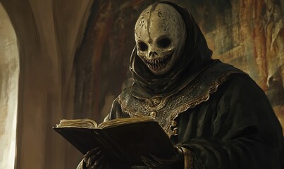 Wall Mural - A hooded figure with a skull mask reads a book.