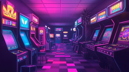Wall Mural - Retro arcade with neon lights and classic video games.