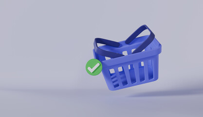 Wall Mural - shopping cart with basket 3d icon with check marks, shopping online concept