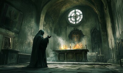 Wall Mural - Dark hooded figure stands in a spooky church.