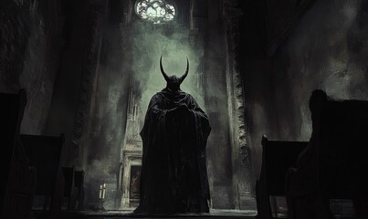 Wall Mural - A horned figure stands in a dark, gothic church.