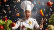 © zamuruev - A chef with a tall white hat enthusiastically throws an array of colorful vegetables in the air, showcasing passion for cooking in a lively kitchen atmosphere filled with excitement
