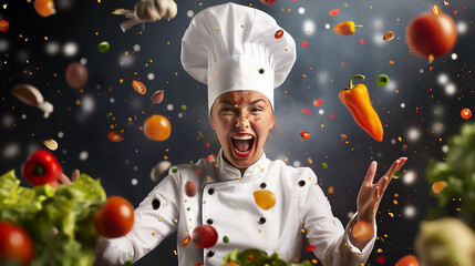 a chef with a tall white hat enthusiastically throws an array of colorful vegetables in the air, sho