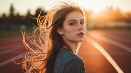 Canvas Print - A young woman with long brown hair, wearing a teal shirt, stands on a red track with the wind blowing her hair.