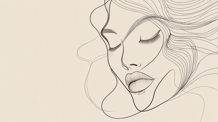 Canvas Print - Flowing lines form the outline of a female face, highlighting calmness and beauty through minimalist artistic expression. Generative AI