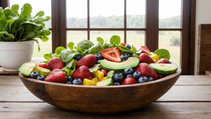 Fresh fruit salad with strawberries, blueberries, avocado and tropical fruits in a wooden bowl against a cozy interior. Ideal for healthy eating themes