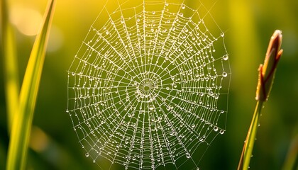 Imagine a macro photograph capturing a dew-covered spider web nestled between two delicate blades of grass. 