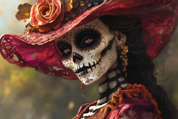 Wall Mural - A catrina, a famous Dia de Muertos skeletal figure, in a fancy hat.