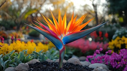 A vibrant orange and blue Bird of Paradise flower in a garden setting with a blurred background of other blooming flowers.