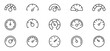 © TMvectorart - Speedometer icon set. Speed indicator. Gauge, dashboard, tachometer, scale. Speedometer icon with arrow. Editable stroke line icons. Vector illustration.