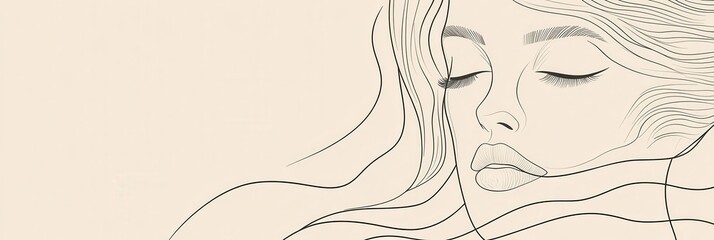 Poster - Flowing, abstract lines create a tranquil representation of a female face, capturing calmness and beauty in minimalist art. Generative AI