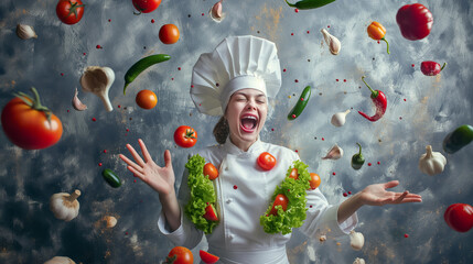 Wall Mural - a chef in a white uniform and hat joyfully engages with flying vegetables, expressing excitement abo