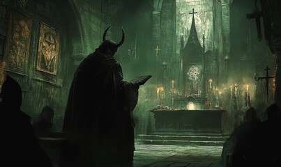 Wall Mural - Dark, Gothic church, devil figure, candlelight.