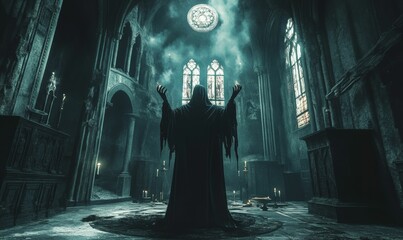 Wall Mural - Dark figure in hooded robe performs ritual in a church.