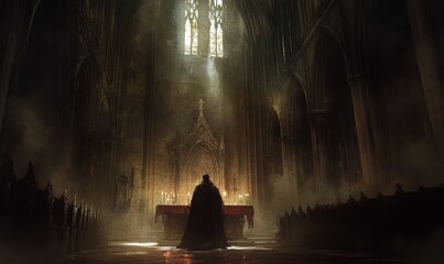 Wall Mural - A lone figure prays in a dark cathedral.